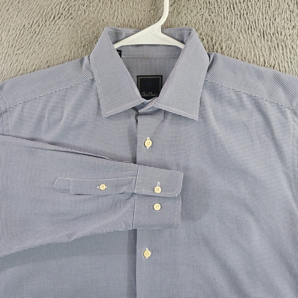 David Donahue Mens Blue White Micro Houndstooth Dress Shirt 16.5 32/33 Cotton